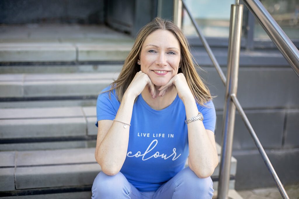 Lady in blue T-shirt at a branding photoshoot