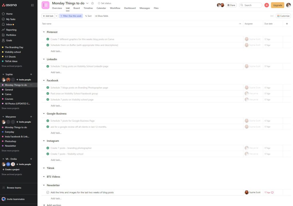 Photography business that uses Asana